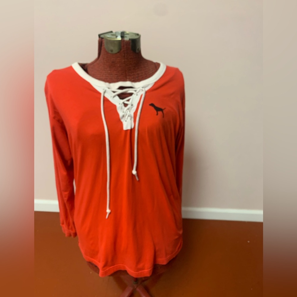 PINK Victoria's Secret Red Lace-Up Long Sleeve Tee